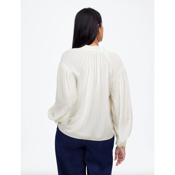 Madewell Shirred Long Sleeve Top Blouse Silk Lightweight Winter White Medium NWT - Picture 3 of 16